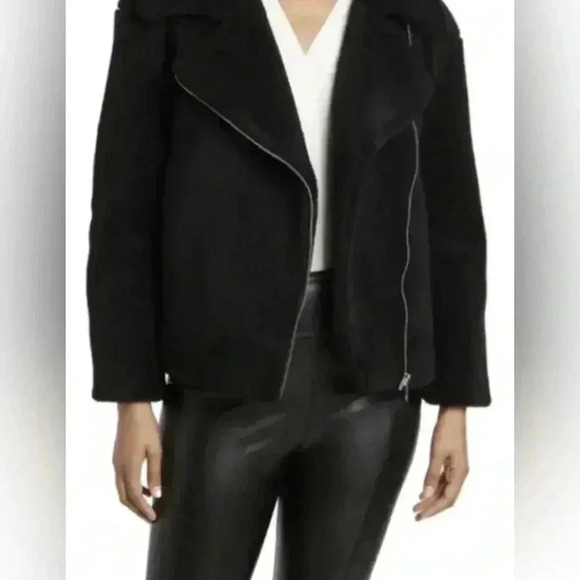 $378 Rebecca Minkoff Teddy Black Moto Biker Aviator Faux Fur Jacket Coat size S​ - Picture 2 of 9
